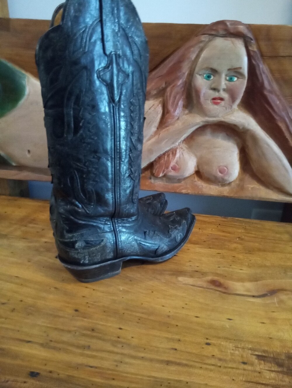 Vintage Safari Black Distressed  Leather Phoenix Tall Snip Toe Cowgirl Boots 6.5 - Picture 7 of 16
